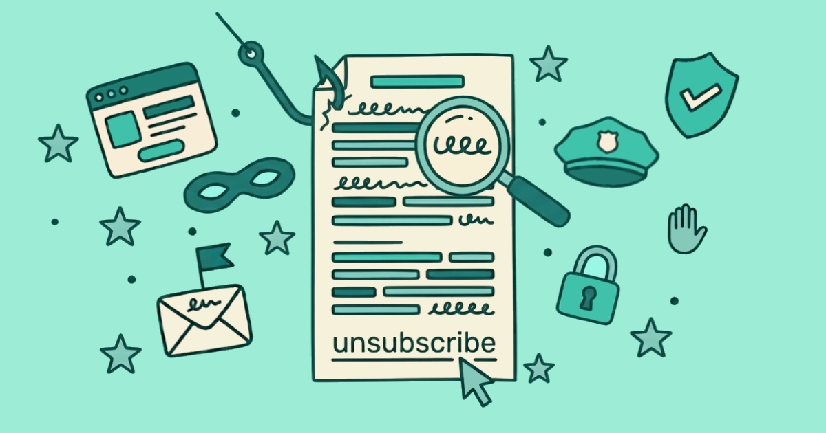 Flat vector illustration of a pointer hand hovering over a cream-paper unsubscribe link, with a tooltip showing an abstract URL squiggle, and a tilted envelope paused beside the hand.