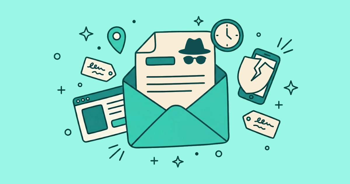 Flat vector illustration of an open envelope under a magnifying glass revealing a tiny 1×1 square, ringed by a peeping eye, a location pin, a clock, a smartphone, and a cracked shield.