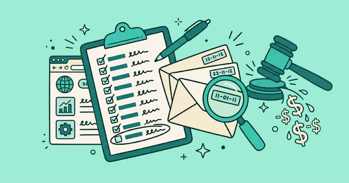 Flat vector illustration of a dated clipboard with day 11 circled, a fan of three dated envelopes beside it, a magnifying glass over one date, and a calendar pinned at day 10.